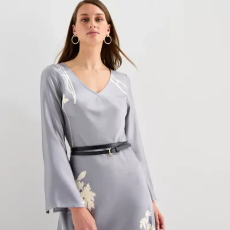 Worthington Womens Long Sleeve Floral Satin A-Line Dress
