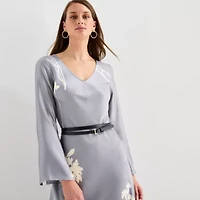 Worthington Womens Long Sleeve Floral Satin A-Line Dress