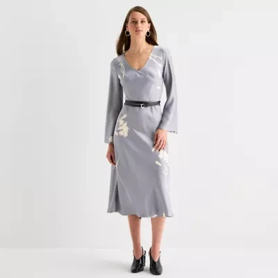 Worthington Womens Long Sleeve Floral Satin A-Line Dress