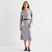 Worthington Womens Long Sleeve Floral Satin A-Line Dress