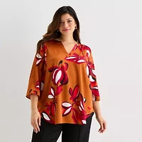 Worthington Womens Plus Split Crew Neck 3/4 Sleeve Blouse