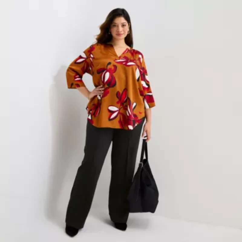 Worthington Womens Plus Split Crew Neck 3/4 Sleeve Blouse