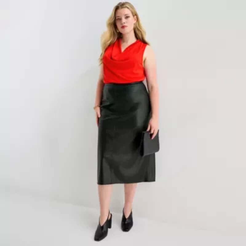 Worthington Womens Plus Midi Faux Leather Pencil Skirt