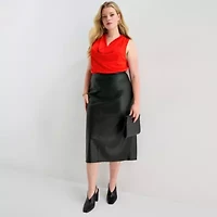 Worthington Womens Plus Midi Faux Leather Pencil Skirt
