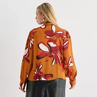 Worthington Womens Plus Split Tie Neck Long Sleeve Blouse