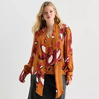 Worthington Womens Plus Split Tie Neck Long Sleeve Blouse