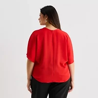 Worthington Womens Round Neck Short Sleeve Satin Blouse