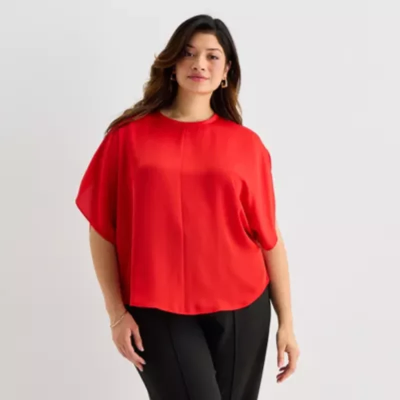 Worthington Womens Round Neck Short Sleeve Satin Blouse