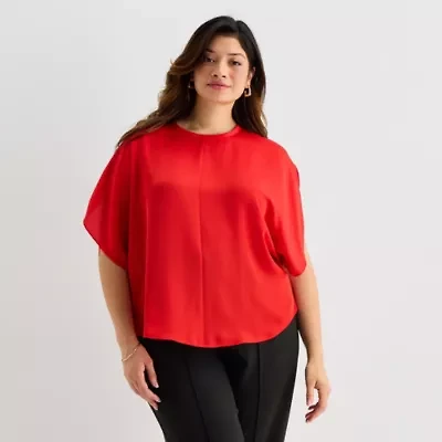 Worthington Womens Round Neck Short Sleeve Satin Blouse