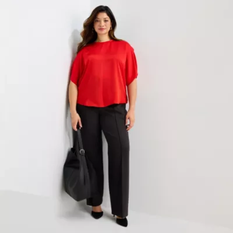 Worthington Womens Round Neck Short Sleeve Satin Blouse