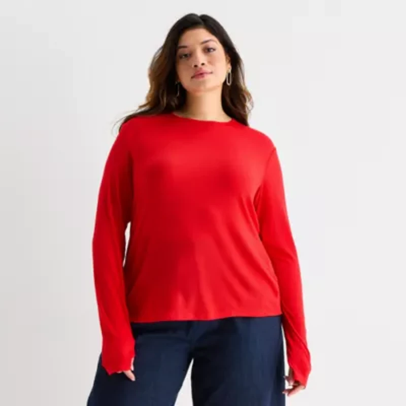 Worthington Womens Plus Crew Neck Long Sleeve Blouse