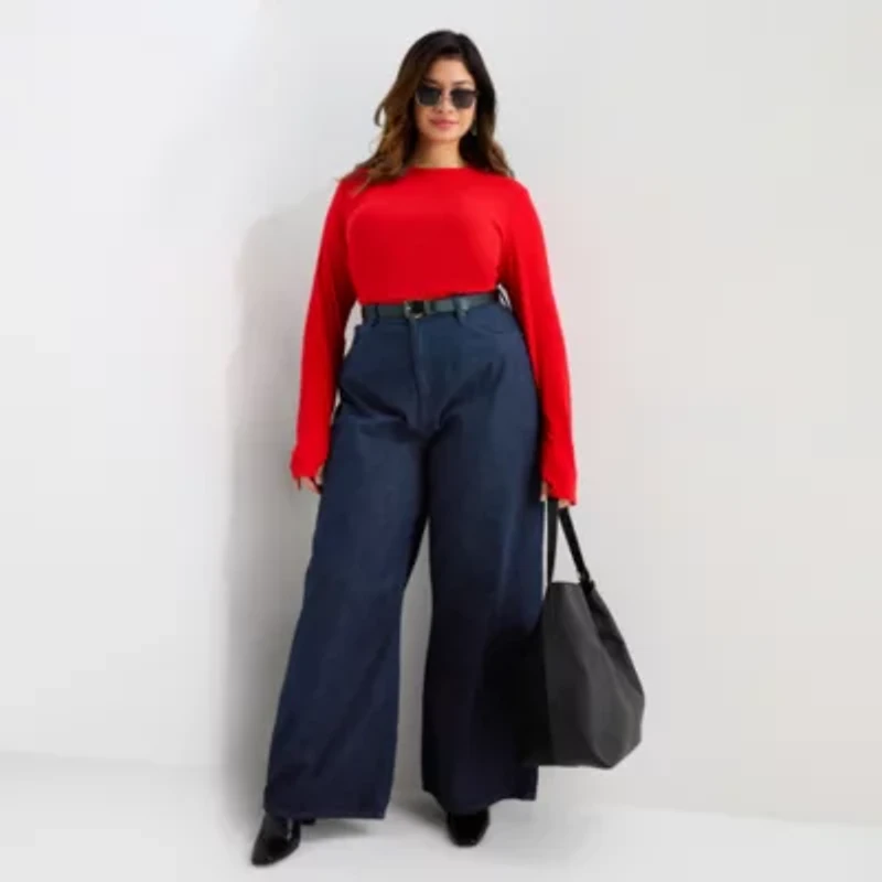 Worthington Womens Plus Crew Neck Long Sleeve Blouse