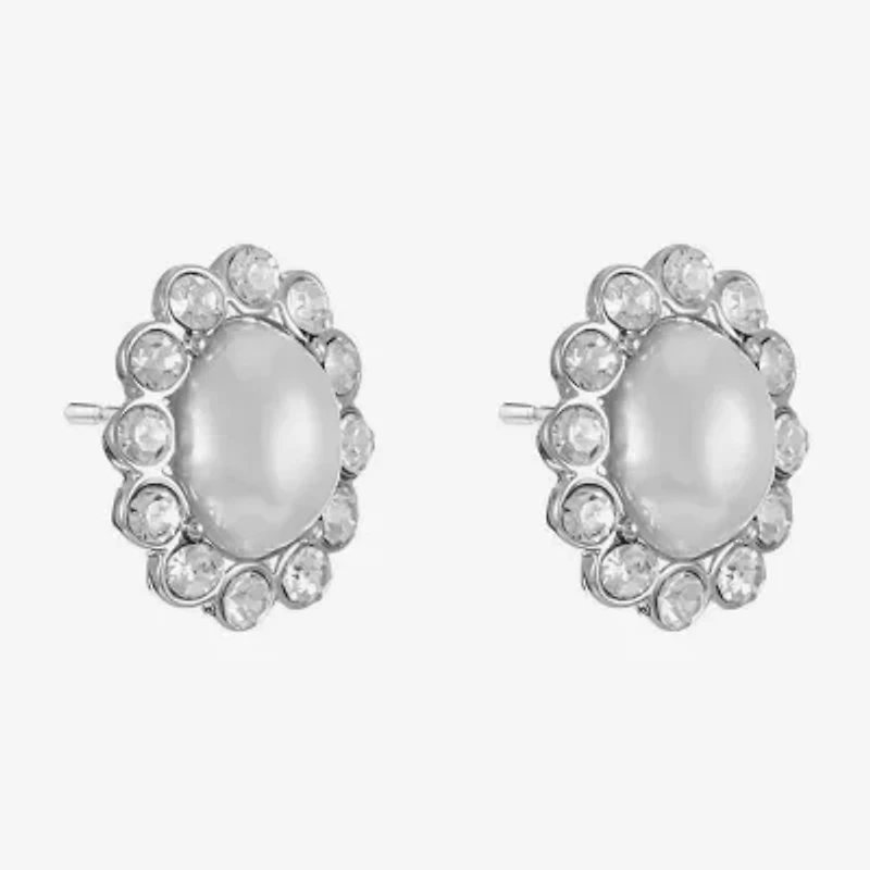 Monet Jewelry Timeless Silver Tone Halo Glass Simulated Pearl 17mm Oval Stud Earrings