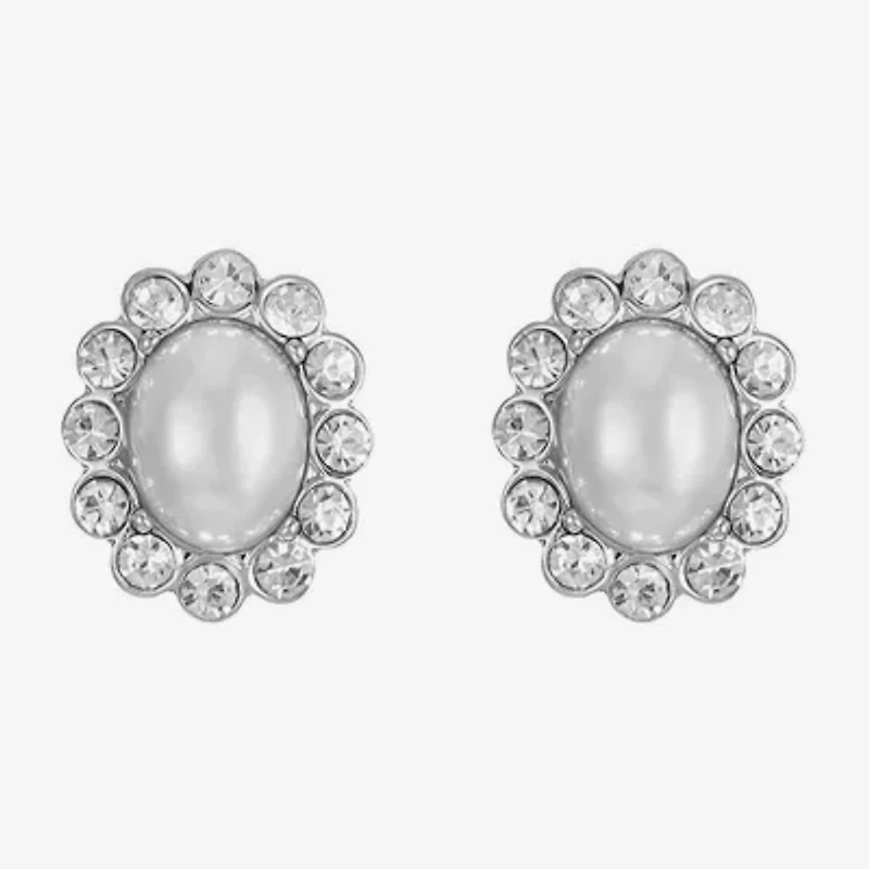Monet Jewelry Timeless Silver Tone Halo Glass Simulated Pearl 17mm Oval Stud Earrings