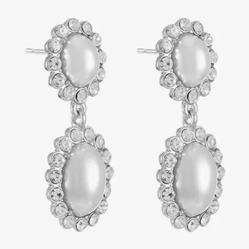 Monet Jewelry Timeless Silver Tone Halo Double Womens Glass Simulated Pearl Oval Hypoallergenic Drop Earrings