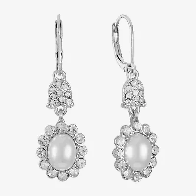 Monet Jewelry Timeless Silver Tone Halo Double Womens Glass Simulated Pearl Oval Drop Earrings
