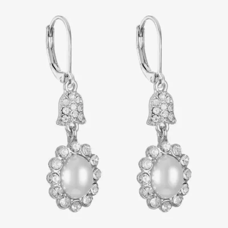 Monet Jewelry Timeless Silver Tone Halo Double Womens Glass Simulated Pearl Oval Drop Earrings
