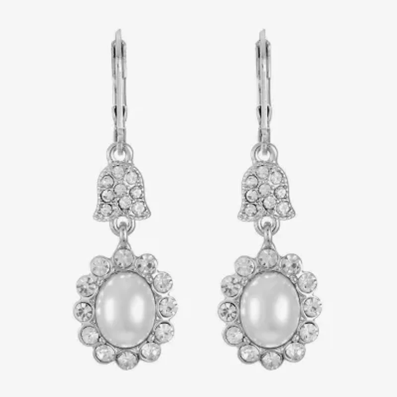 Monet Jewelry Timeless Silver Tone Halo Double Womens Glass Simulated Pearl Oval Drop Earrings