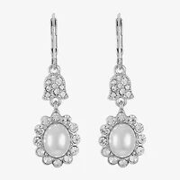 Monet Jewelry Timeless Silver Tone Halo Double Womens Glass Simulated Pearl Oval Drop Earrings