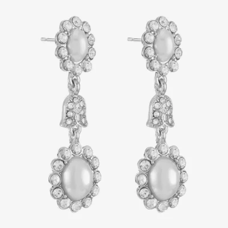 Monet Jewelry Timeless Silver Tone Halo Womens Glass Simulated Pearl Oval Hypoallergenic Drop Earrings