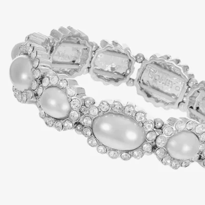 Monet Jewelry Timeless Silver Tone Halo Womens Glass Simulated Pearl Oval Stretch Bracelet