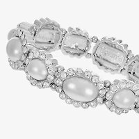 Monet Jewelry Timeless Silver Tone Halo Womens Glass Simulated Pearl Oval Stretch Bracelet