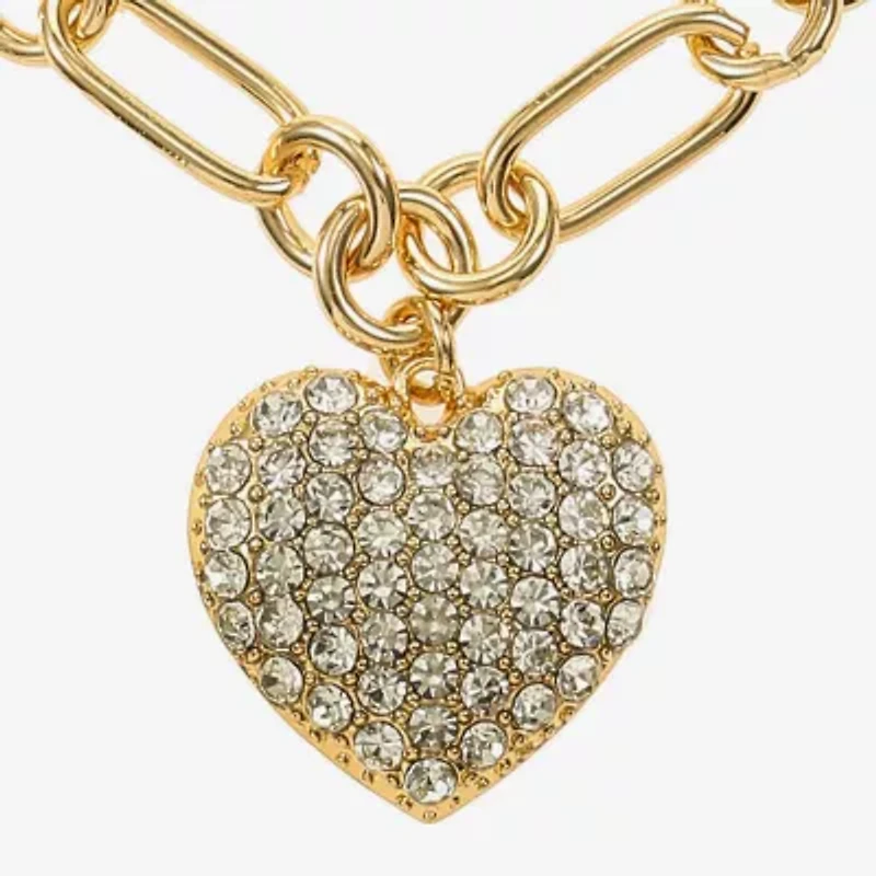 Liz Claiborne Gold Tone Pave Womens Glass Heart 28 Inch Pendant Necklace
