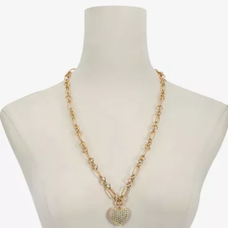 Liz Claiborne Gold Tone Pave Womens Glass Heart 28 Inch Pendant Necklace