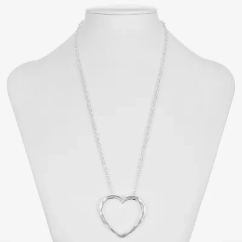 Liz Claiborne Silver Tone Hammered Open Womens Heart 20 Inch Pendant Necklace