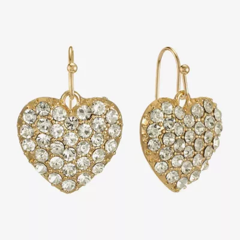 Liz Claiborne Gold Tone Pave Womens Glass Heart Drop Earrings
