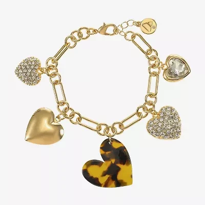 Liz Claiborne Gold Tone Womens Glass Heart Charm Bracelet