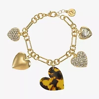 Liz Claiborne Gold Tone Womens Glass Heart Charm Bracelet