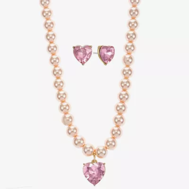 Monet Jewelry Gold Tone Womens Pink Glass Simulated Pearl Heart 2-pc. Jewelry Set
