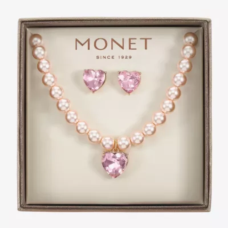 Monet Jewelry Gold Tone Womens Pink Glass Simulated Pearl Heart 2-pc. Jewelry Set