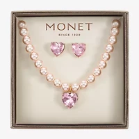 Monet Jewelry Gold Tone Womens Pink Glass Simulated Pearl Heart 2-pc. Jewelry Set