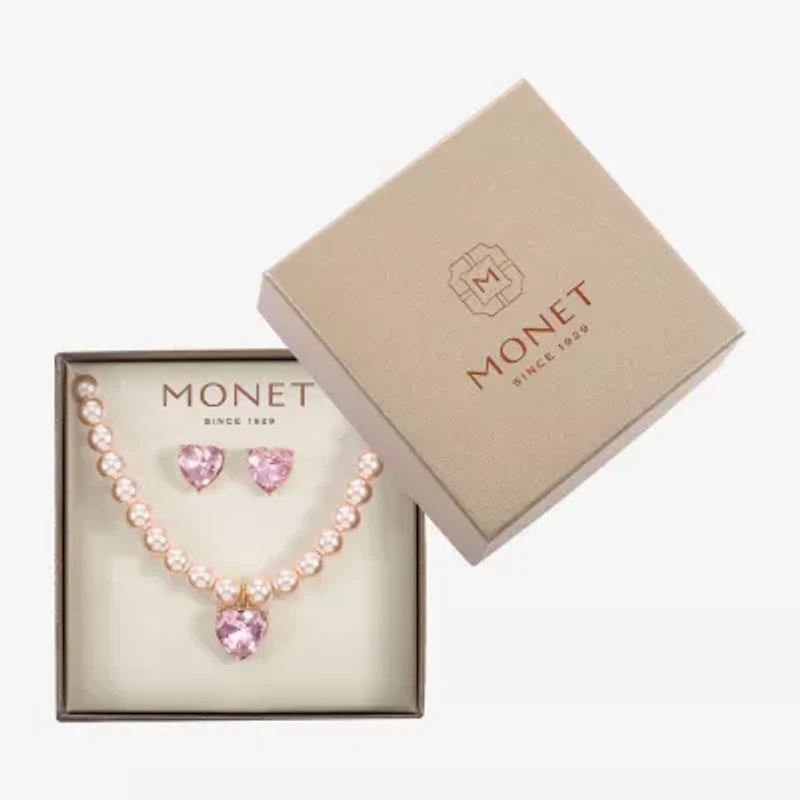 Monet Jewelry Gold Tone Womens Pink Glass Simulated Pearl Heart 2-pc. Jewelry Set