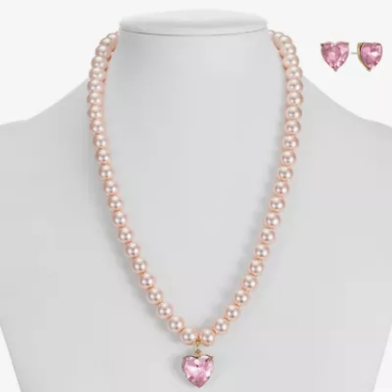 Monet Jewelry Gold Tone Womens Pink Glass Simulated Pearl Heart 2-pc. Jewelry Set