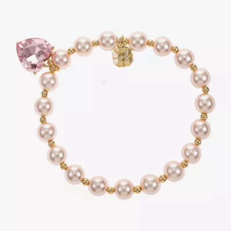 Monet Jewelry Gold Tone Womens Pink Glass Simulated Pearl Heart Stretch Bracelet