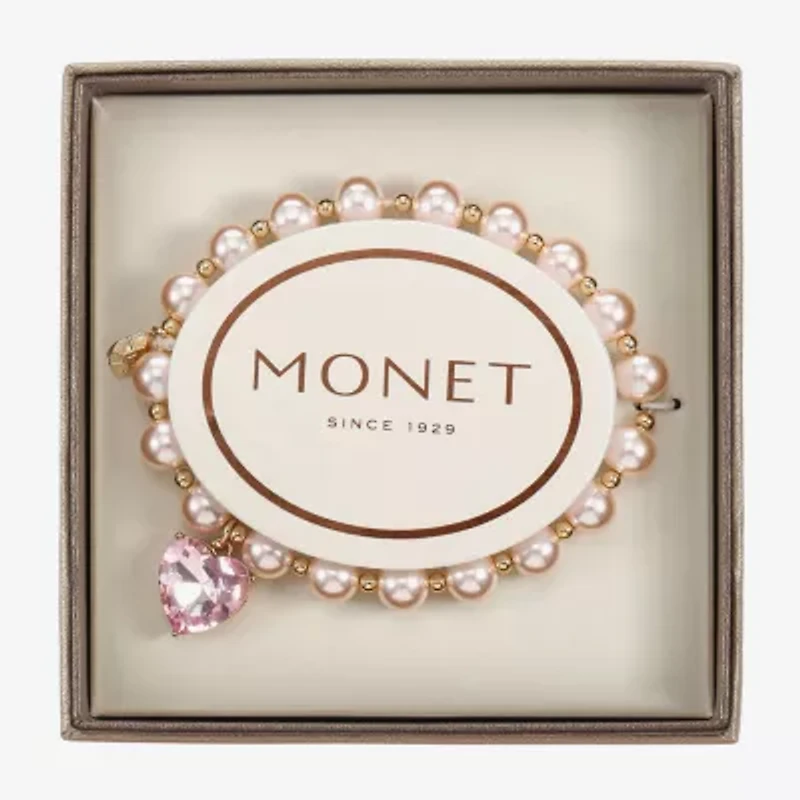 Monet Jewelry Gold Tone Womens Pink Glass Simulated Pearl Heart Stretch Bracelet