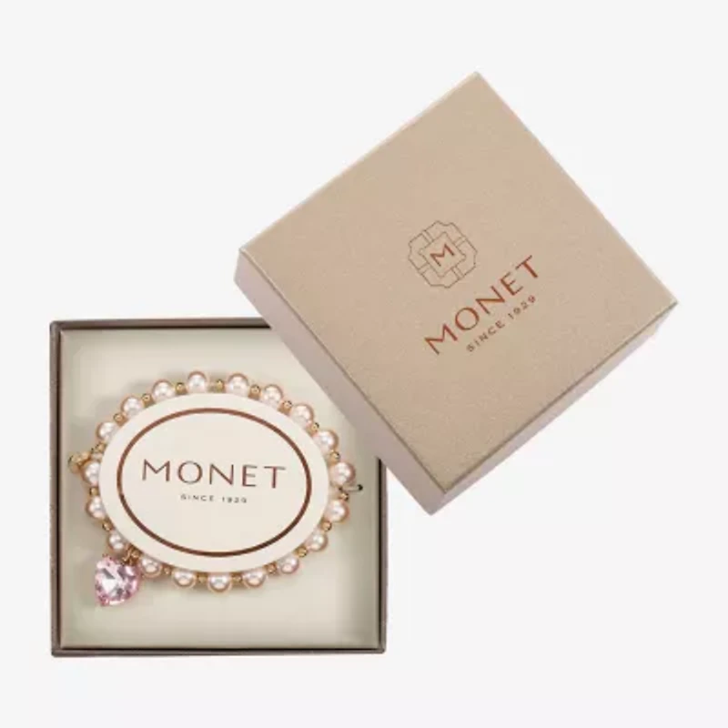 Monet Jewelry Gold Tone Womens Pink Glass Simulated Pearl Heart Stretch Bracelet