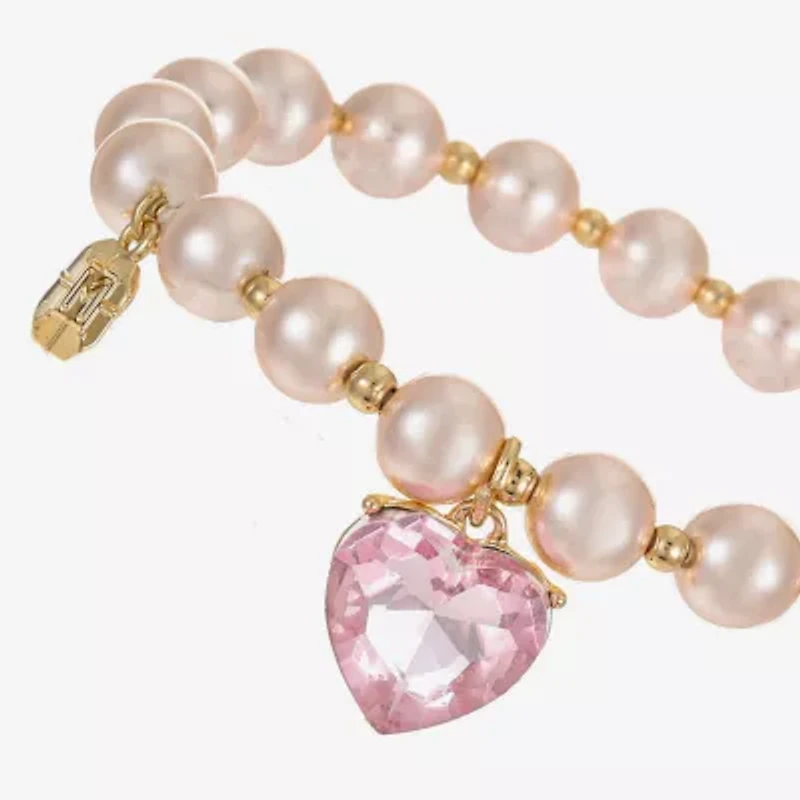 Monet Jewelry Gold Tone Womens Pink Glass Simulated Pearl Heart Stretch Bracelet