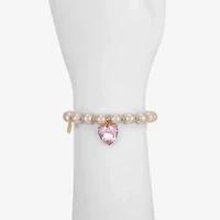 Monet Jewelry Gold Tone Womens Pink Glass Simulated Pearl Heart Stretch Bracelet