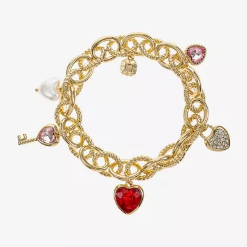 Monet Jewelry Gold Tone Womens Red Glass Simulated Pearl Heart Keys Charm Bracelet