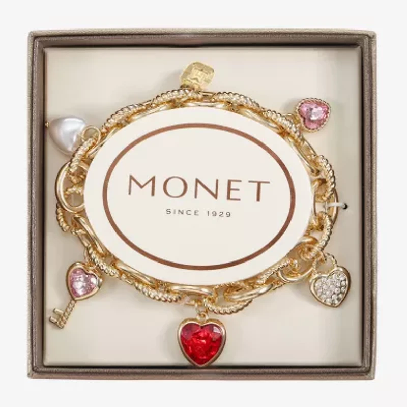 Monet Jewelry Gold Tone Womens Red Glass Simulated Pearl Heart Keys Charm Bracelet