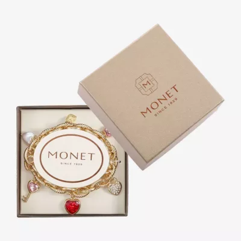 Monet Jewelry Gold Tone Womens Red Glass Simulated Pearl Heart Keys Charm Bracelet