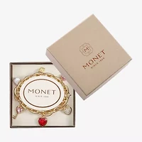 Monet Jewelry Gold Tone Womens Red Glass Simulated Pearl Heart Keys Charm Bracelet