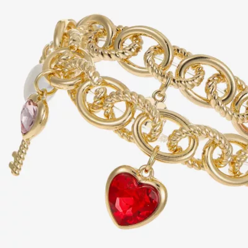 Monet Jewelry Gold Tone Womens Red Glass Simulated Pearl Heart Keys Charm Bracelet