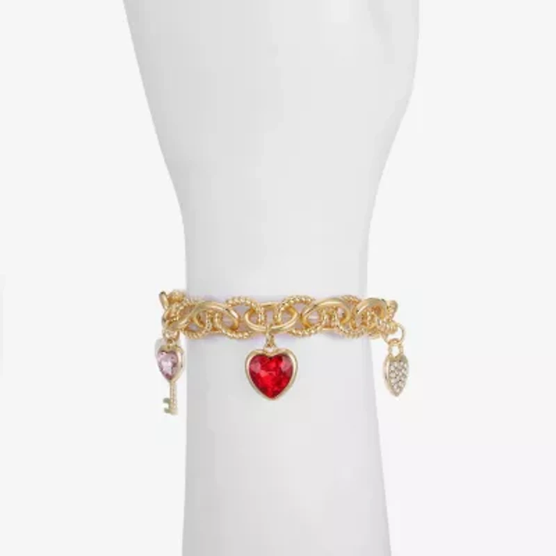 Monet Jewelry Gold Tone Womens Red Glass Simulated Pearl Heart Keys Charm Bracelet