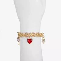 Monet Jewelry Gold Tone Womens Red Glass Simulated Pearl Heart Keys Charm Bracelet