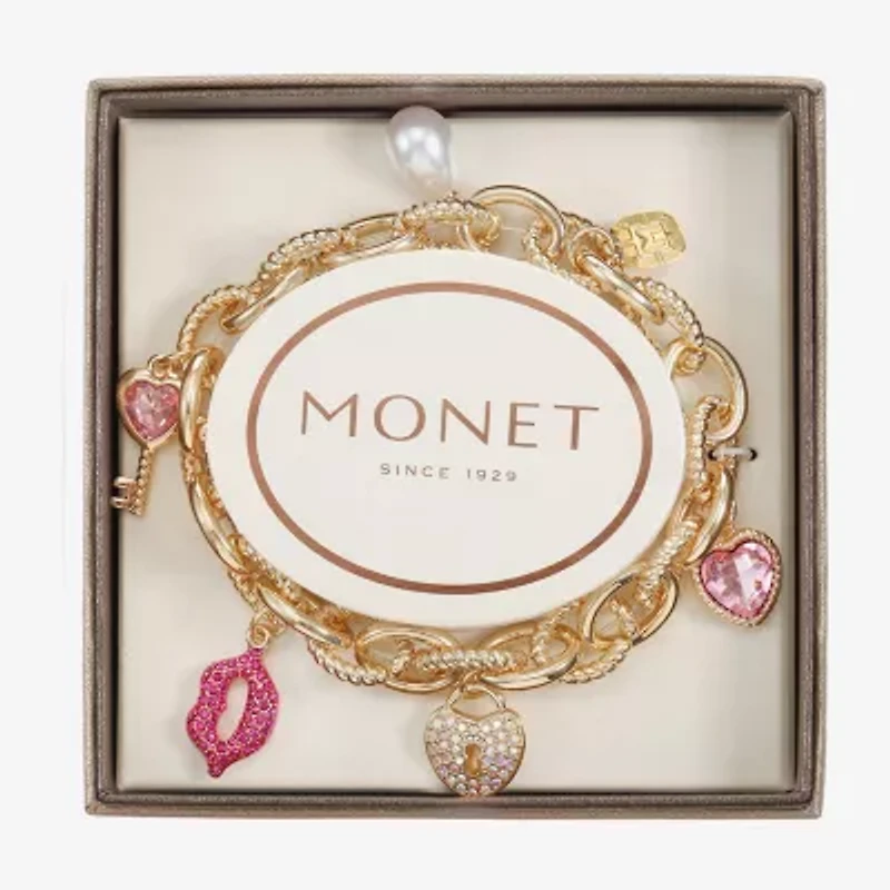 Monet Jewelry Gold Tone Pad Lock Womens Pink Glass Simulated Pearl Heart Keys Charm Bracelet